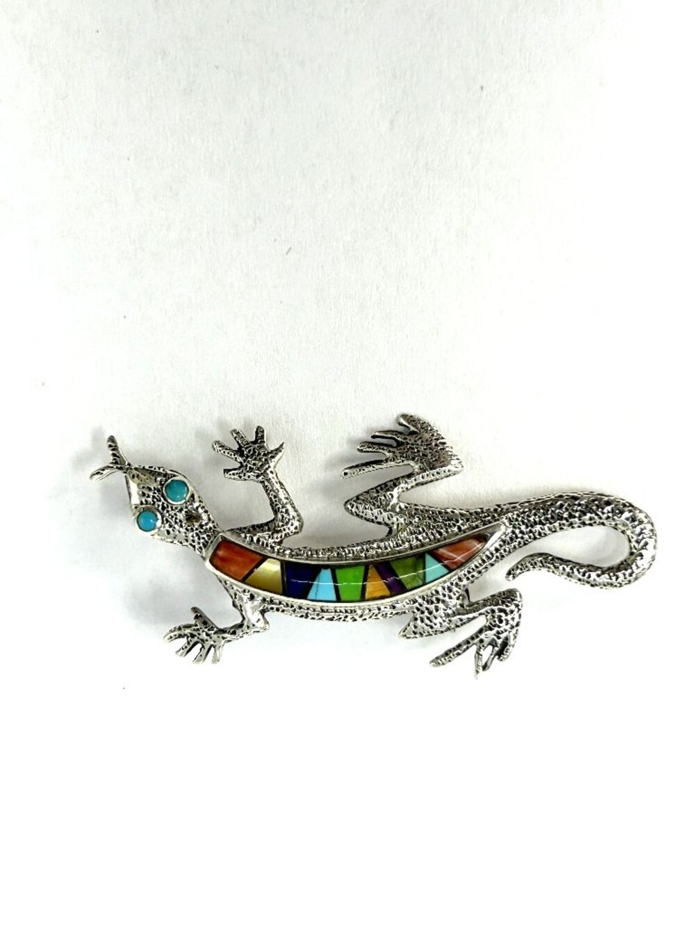 Beverly Thomas Navajo Sterling Silver Multi Stone Inlay Lizard Pin / Pendant